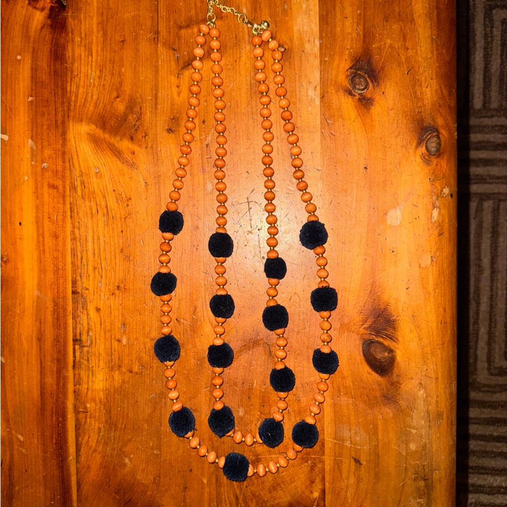 J.Crew Factory Wooden Beaded Necklace with Black Pom-Poms - Women Jewelry